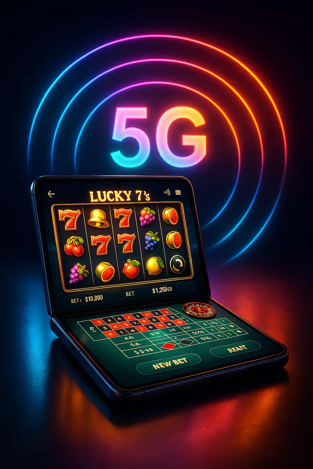 Foldable smartphone open and displaying a mobile casino game interface with 5G signal waves in the background.